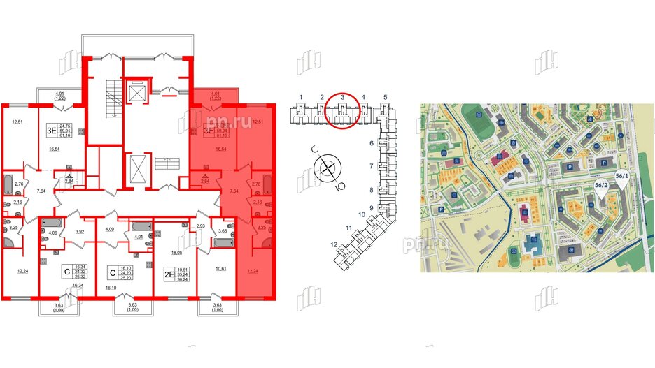 Квартира в ЖК «Новое Горелово», 2 комнатная, 61.16 м², 1 этаж