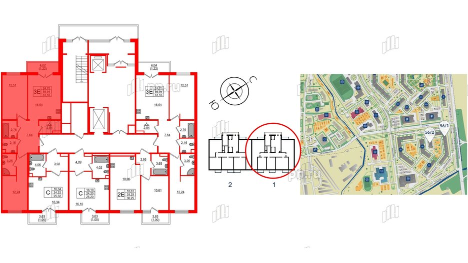 Квартира в ЖК «Новое Горелово», 2 комнатная, 61.16 м², 1 этаж