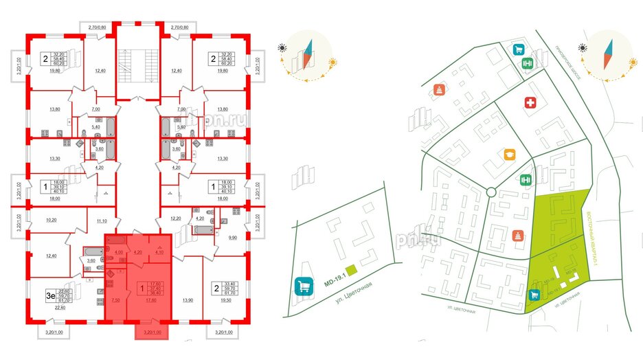 Квартира в ЖК Новокасимово, 1 комнатная, 38.4 м², 3 этаж