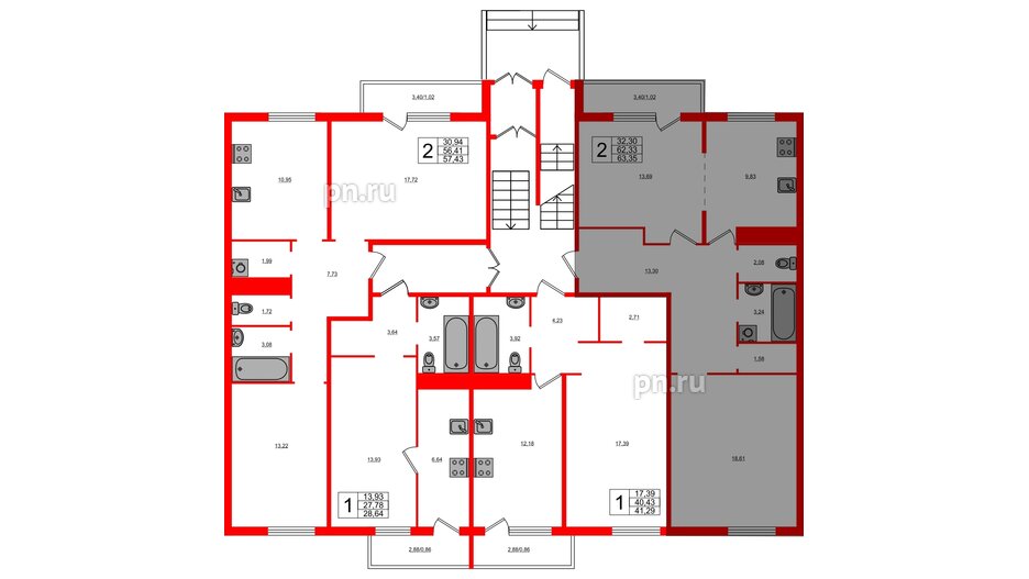 Квартира в ЖК Новокасимово, 2 комнатная, 62.9 м², 1 этаж