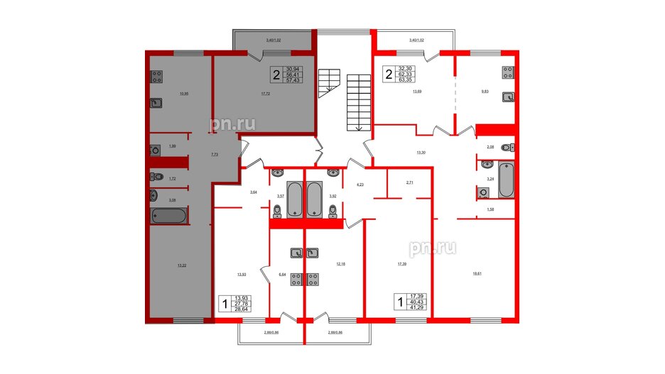 Квартира в ЖК Новокасимово, 2 комнатная, 56.8 м², 3 этаж