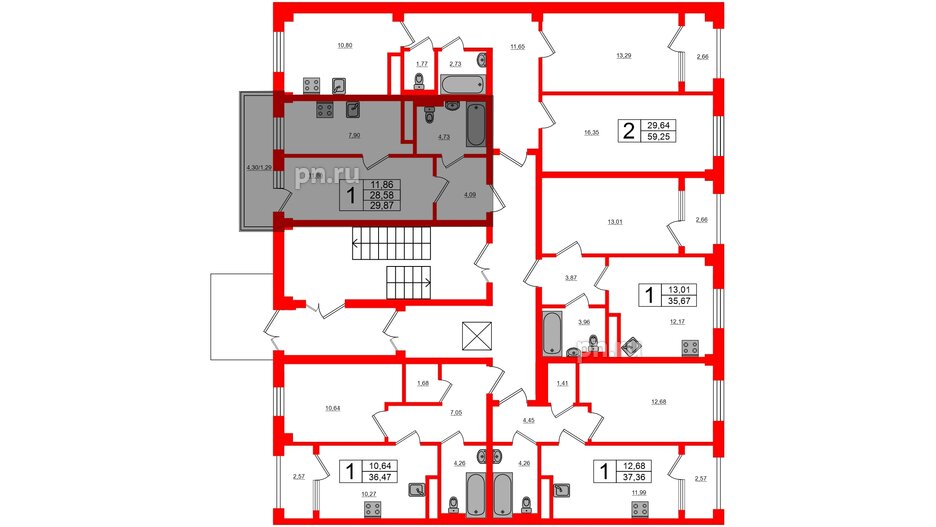 Квартира в ЖК Новокасимово, 1 комнатная, 29.87 м², 1 этаж