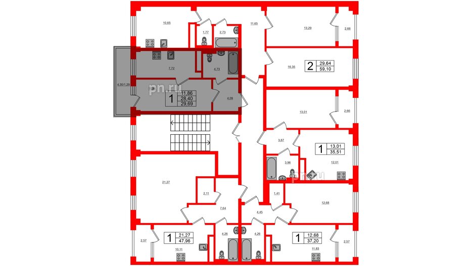 Квартира в ЖК Новокасимово, 1 комнатная, 29.69 м², 3 этаж