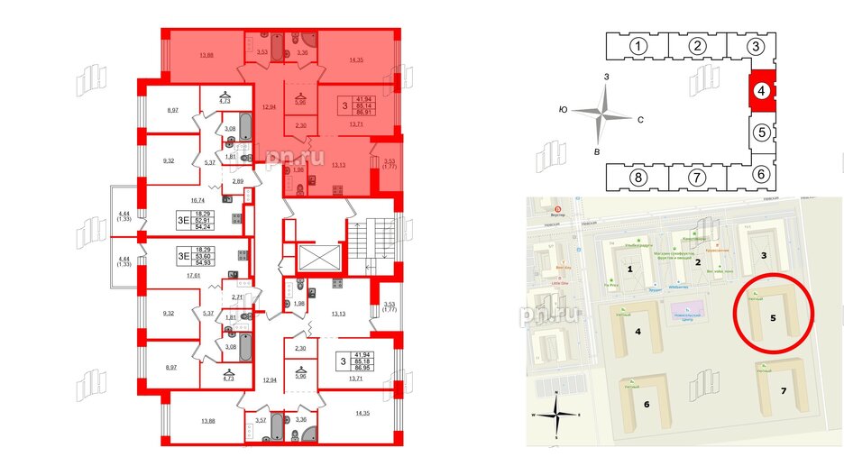 Квартира в ЖК Квартал Уютный, 3 комнатная, 86.91 м², 6 этаж