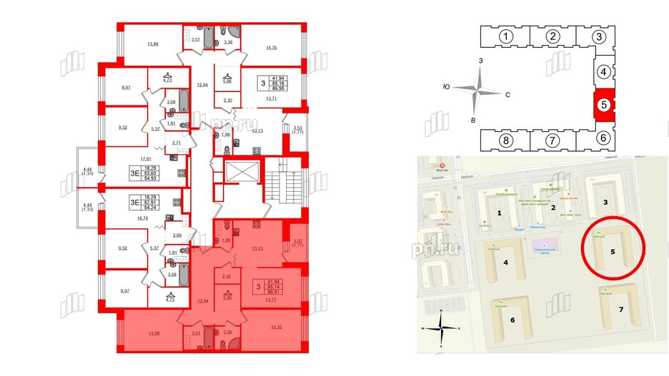 Квартира в ЖК Квартал Уютный, 3 комнатная, 86.91 м², 3 этаж