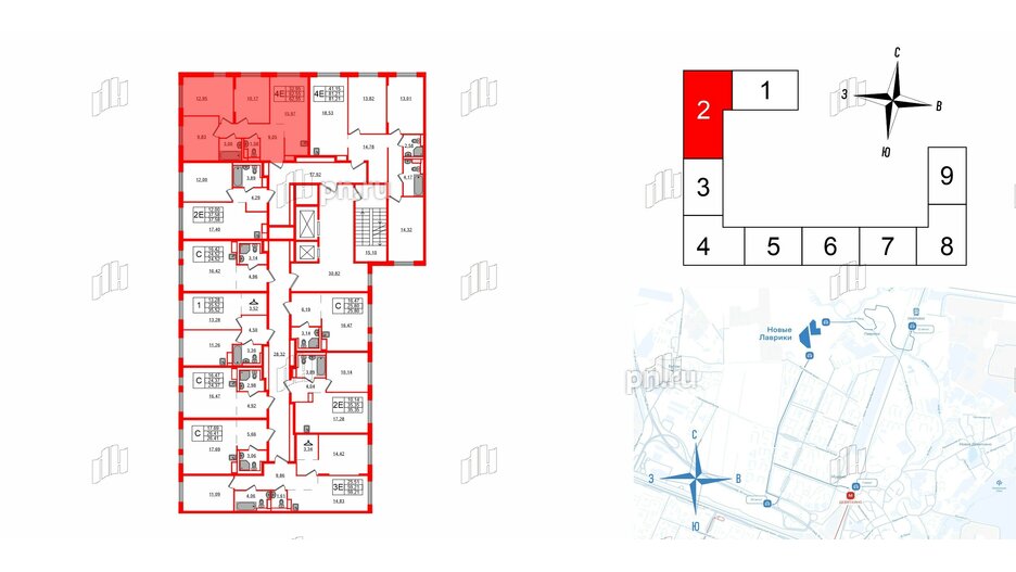 Квартира в ЖК Новые Лаврики, 3 комнатная, 62.55 м², 10 этаж