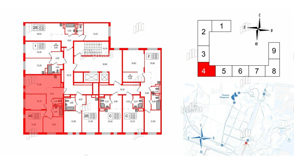 Квартира в ЖК Новые Лаврики, 3 комнатная, 64.52 м², 2 этаж