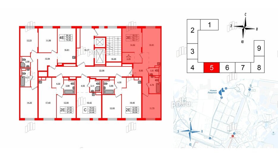 Квартира в ЖК Новые Лаврики, 2 комнатная, 62.17 м², 10 этаж