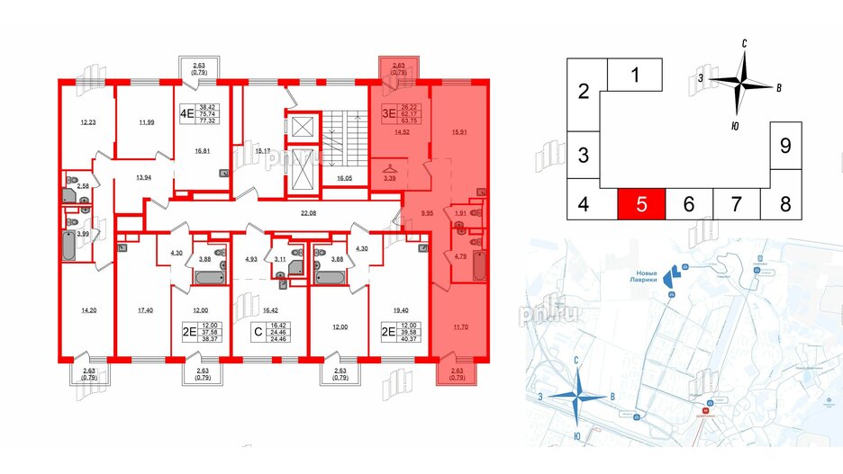 Квартира в ЖК Новые Лаврики, 2 комнатная, 63.75 м², 3 этаж