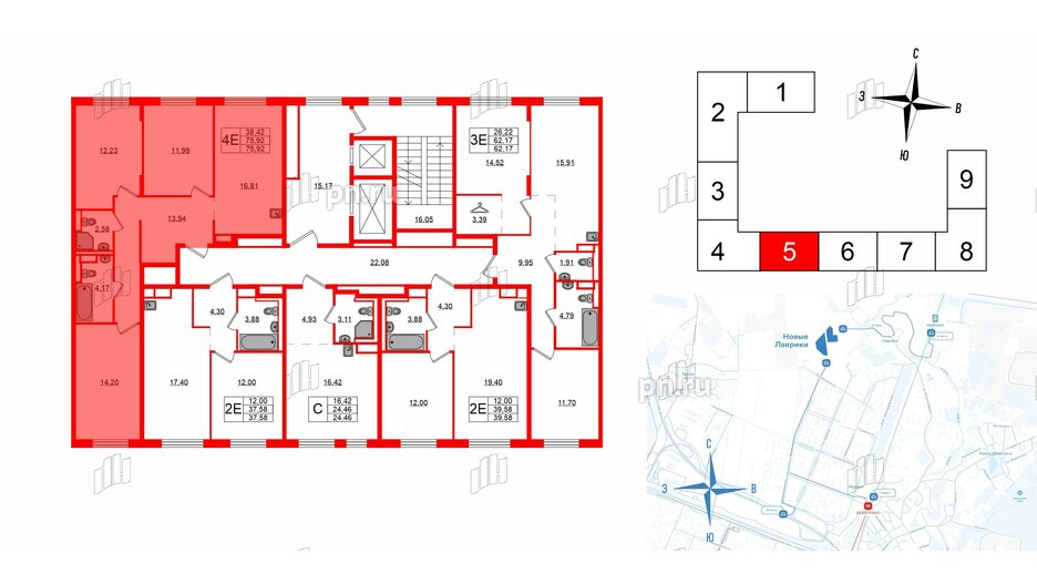 Квартира в ЖК Новые Лаврики, 3 комнатная, 75.92 м², 12 этаж