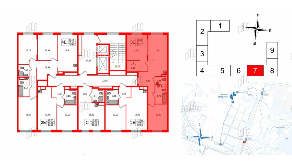 Квартира в ЖК Новые Лаврики, 2 комнатная, 62.17 м², 2 этаж