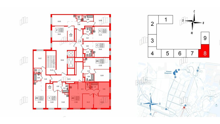 Квартира в ЖК Новые Лаврики, 3 комнатная, 64.52 м², 8 этаж