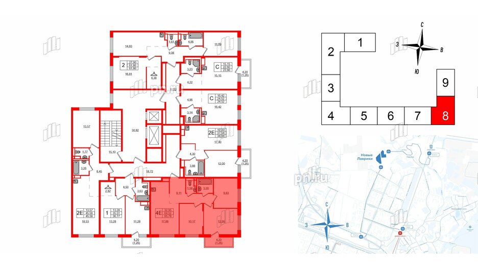 Квартира в ЖК Новые Лаврики, 3 комнатная, 65.78 м², 11 этаж