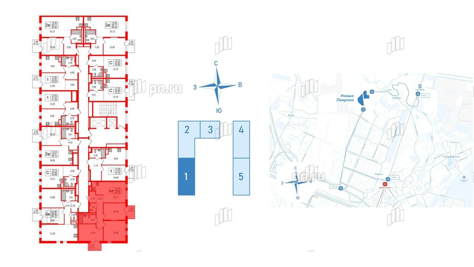 Квартира в ЖК Новые Лаврики, 3 комнатная, 67.09 м², 11 этаж