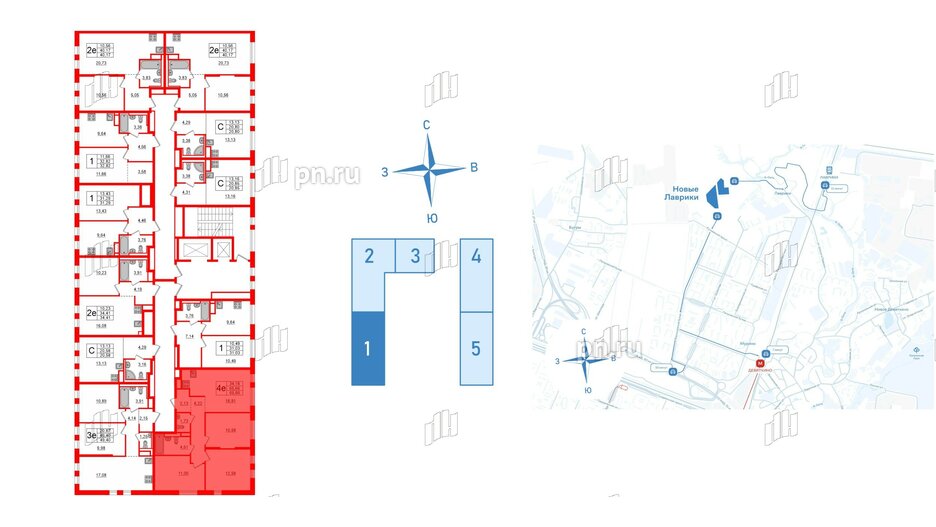 Квартира в ЖК Новые Лаврики, 3 комнатная, 65.66 м², 5 этаж