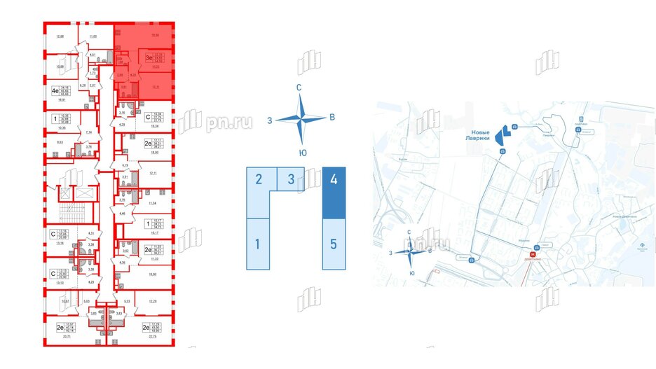 Квартира в ЖК Новые Лаврики, 2 комнатная, 54.59 м², 5 этаж