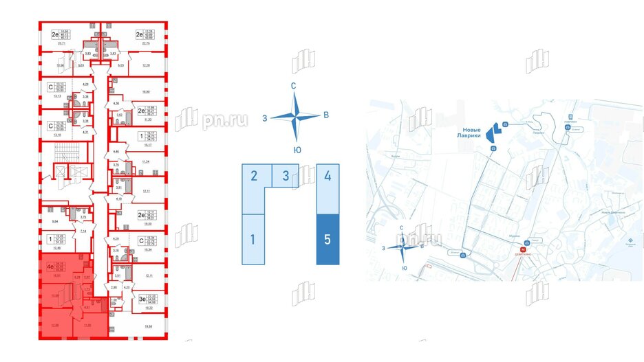 Квартира в ЖК Новые Лаврики, 3 комнатная, 65.66 м², 2 этаж