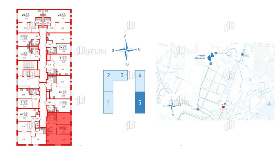 Квартира в ЖК Новые Лаврики, 2 комнатная, 54.59 м², 3 этаж