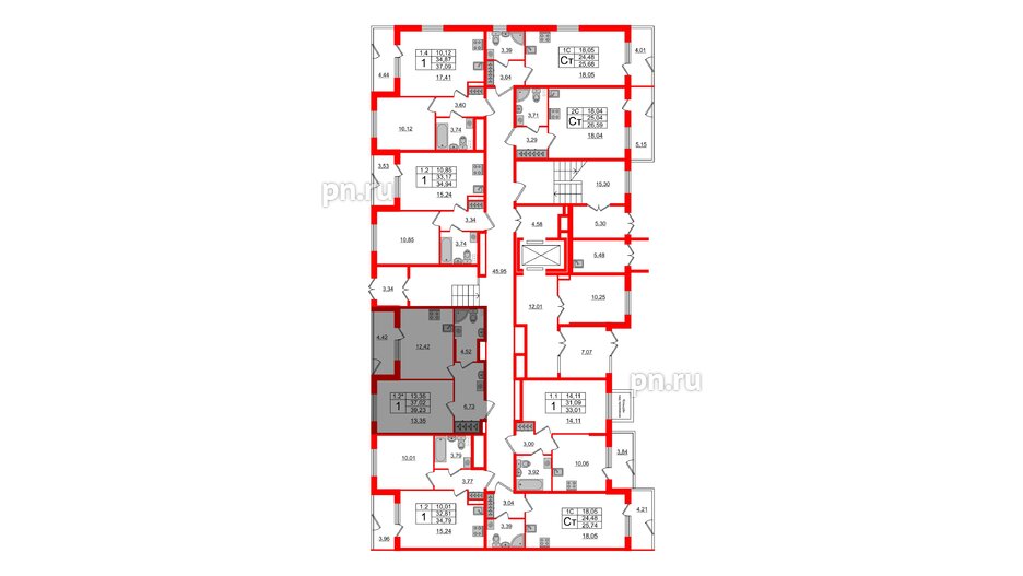 Квартира в ЖК 'Парадный ансамбль', 1 комнатная, 36.2 м², 1 этаж