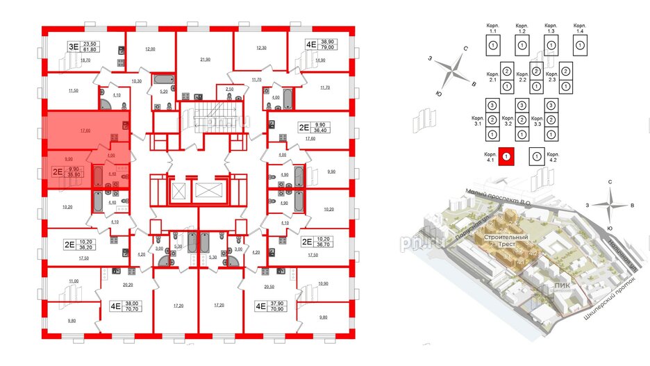 Квартира в ЖК Парусная 1, 1 комнатная, 35.9 м², 3 этаж