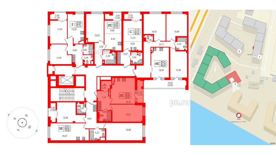 Квартира в ЖК Neva Residence, 1 комнатная, 48.4 м², 8 этаж