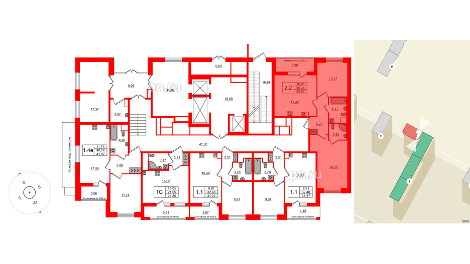 Квартира в ЖК «Город звёзд», 2 комнатная, 56.34 м², 1 этаж