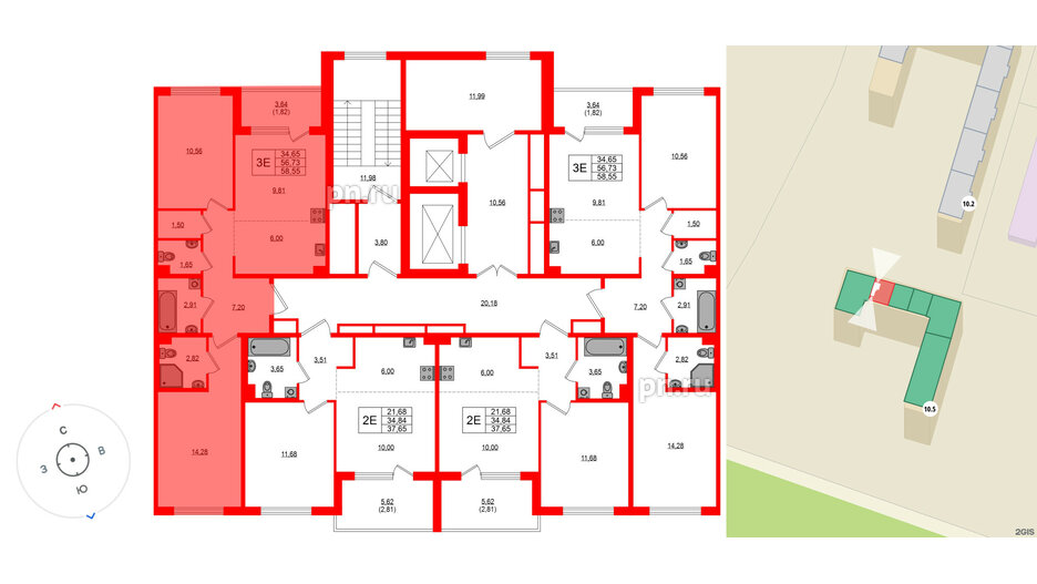 Квартира в ЖК «ЛесАрт», 2 комнатная, 58.55 м², 9 этаж