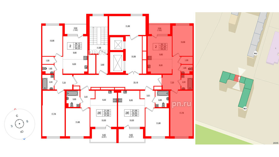 Квартира в ЖК «ЛесАрт», 2 комнатная, 59.2 м², 10 этаж