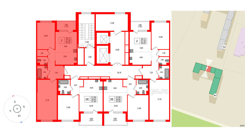 Квартира в ЖК «ЛесАрт», 2 комнатная, 59.2 м², 6 этаж