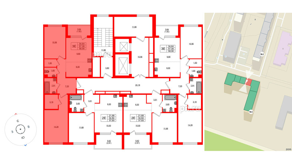 Квартира в ЖК «ЛесАрт», 2 комнатная, 58.9 м², 3 этаж