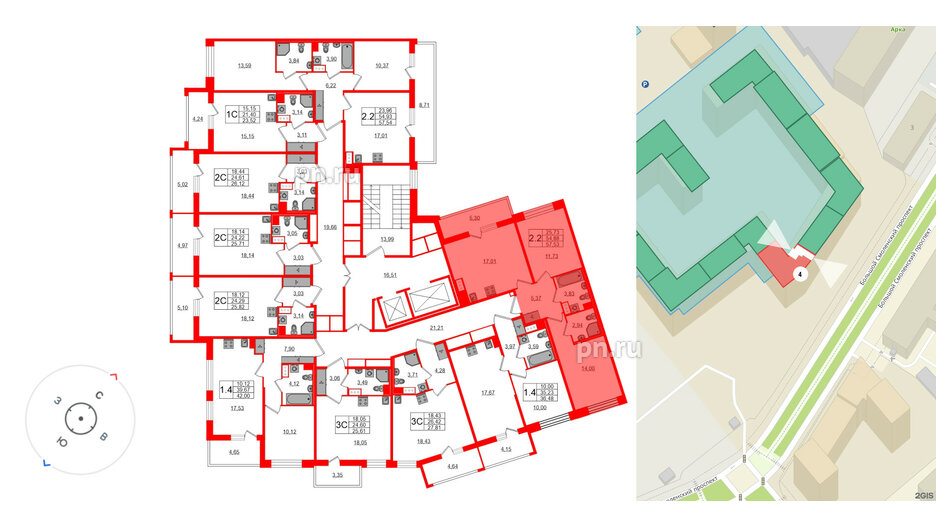 Квартира в ЖК Астра Континенталь, 2 комнатная, 54.88 м², 8 этаж
