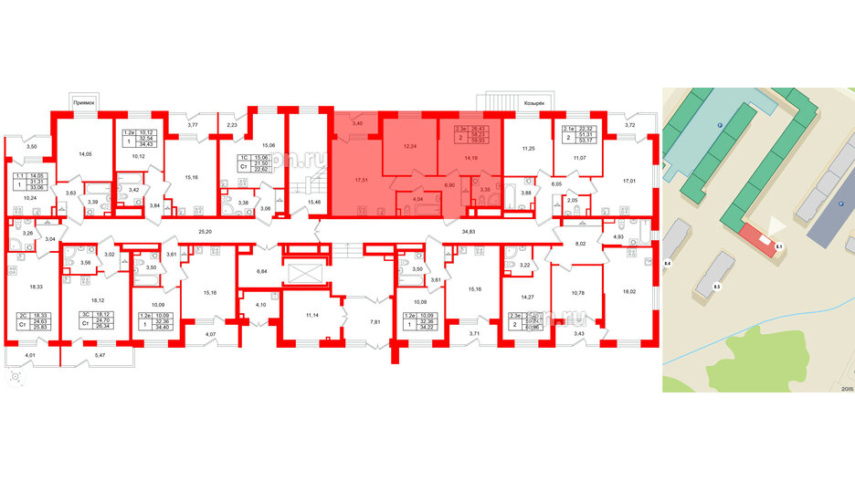 Квартира в ЖК «Парадный ансамбль», 2 комнатная, 58.23 м², 1 этаж