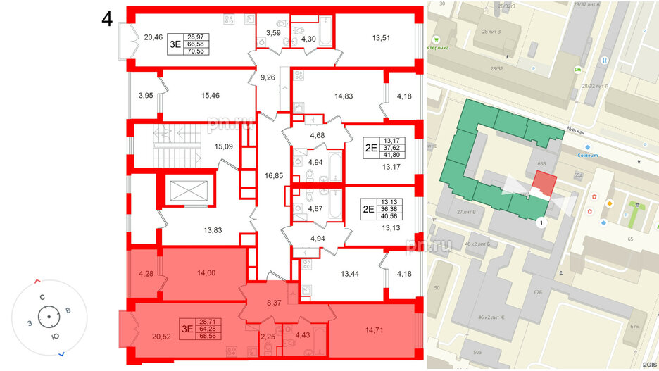 Квартира в ЖК Дом на Курской, 2 комнатная, 64.28 м², 4 этаж