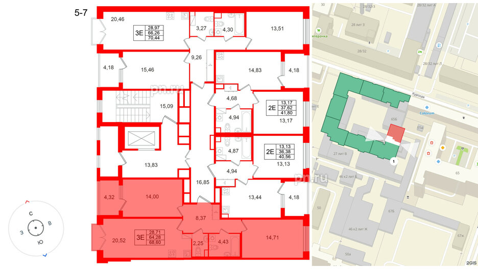 Квартира в ЖК Дом на Курской, 2 комнатная, 64.28 м², 5 этаж