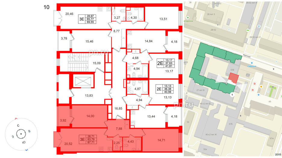 Квартира в ЖК Дом на Курской, 2 комнатная, 63.79 м², 10 этаж