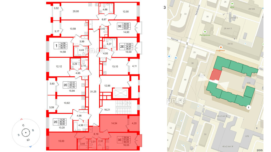 Квартира в ЖК Дом на Курской, 2 комнатная, 61.83 м², 3 этаж
