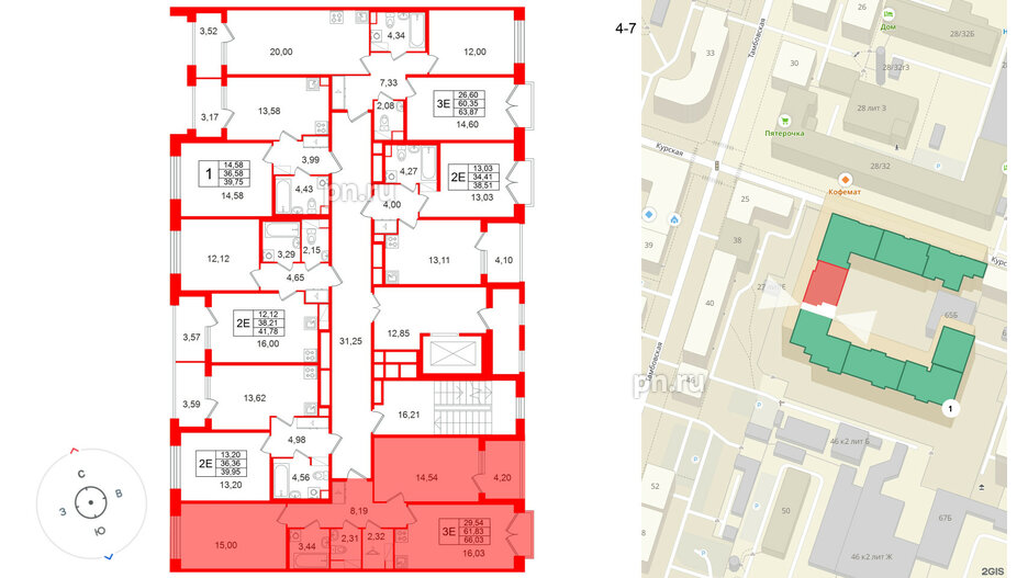 Квартира в ЖК Дом на Курской, 2 комнатная, 61.83 м², 5 этаж