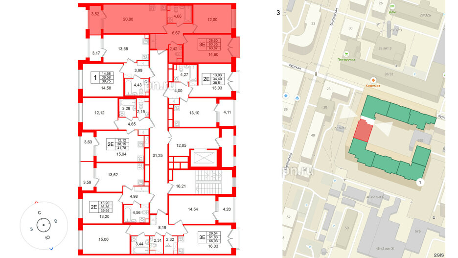 Квартира в ЖК Дом на Курской, 2 комнатная, 60.35 м², 3 этаж