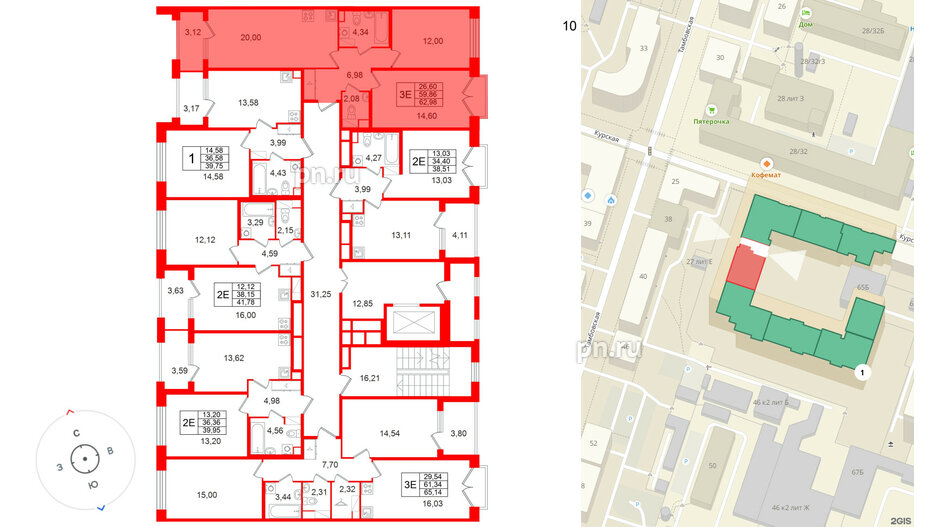 Квартира в ЖК Дом на Курской, 2 комнатная, 59.86 м², 10 этаж