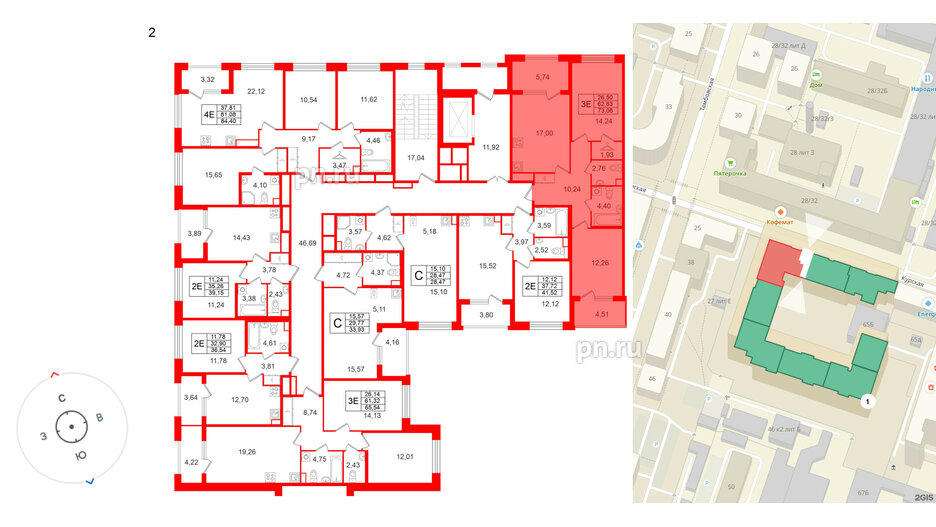 Квартира в ЖК Дом на Курской, 2 комнатная, 62.83 м², 2 этаж