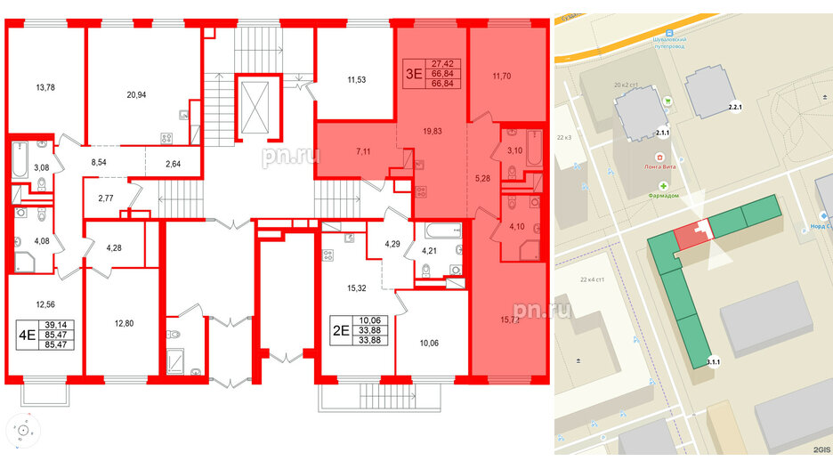 Квартира в ЖК 'OKLA', 2 комнатная, 66.84 м², 1 этаж