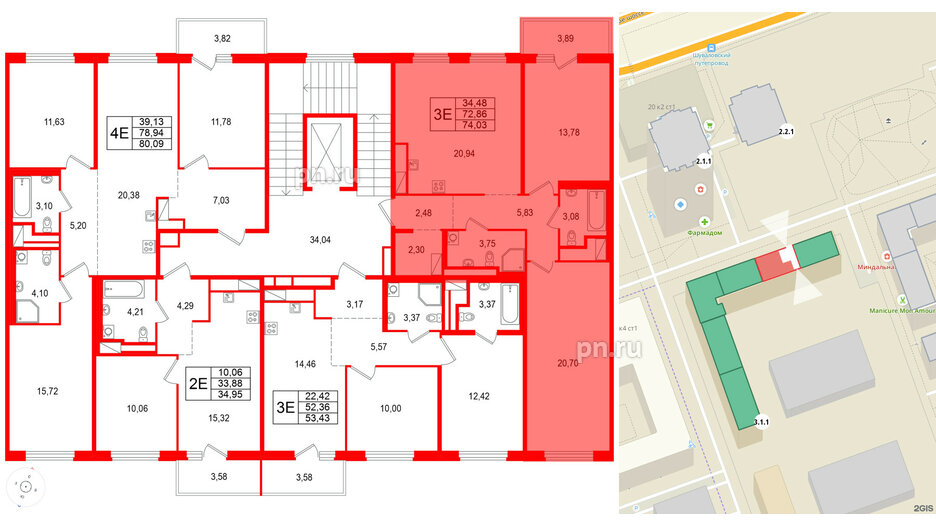 Квартира в ЖК 'OKLA', 2 комнатная, 74.03 м², 2 этаж