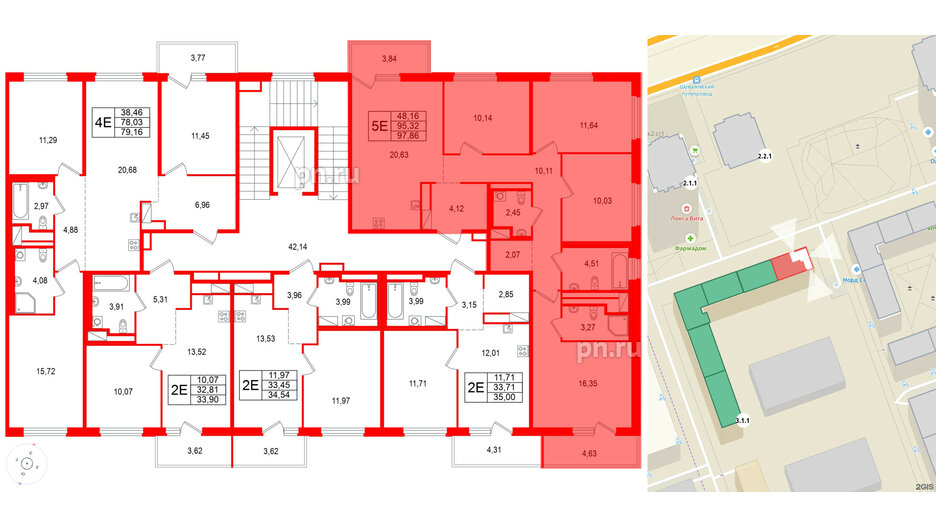 Квартира в ЖК 'OKLA', 4 комнатная, 97.86 м², 2 этаж