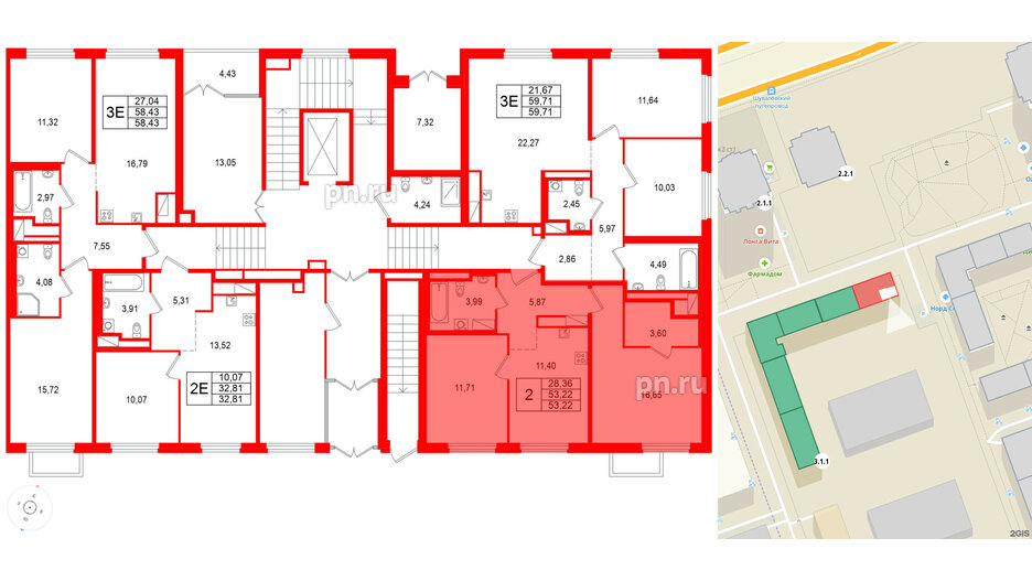 Квартира в ЖК 'OKLA', 2 комнатная, 53.22 м², 1 этаж