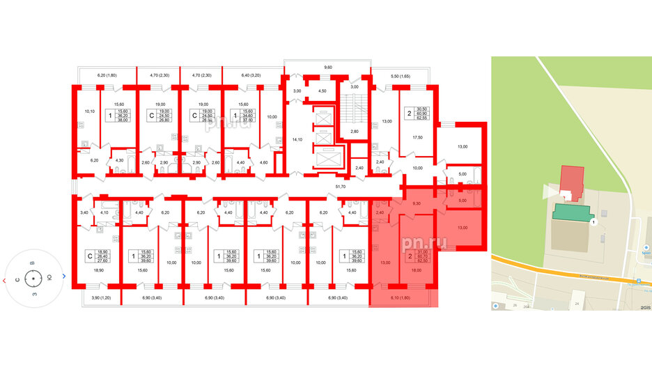 Квартира в ЖК Экос, 2 комнатная, 62.85 м², 4 этаж