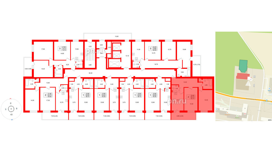 Квартира в ЖК Экос, 2 комнатная, 64.05 м², 4 этаж