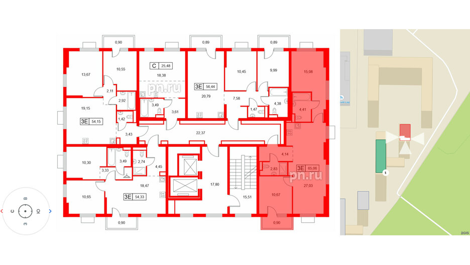 Квартира в ЖК «Заречный парк», 2 комнатная, 65.06 м², 2 этаж