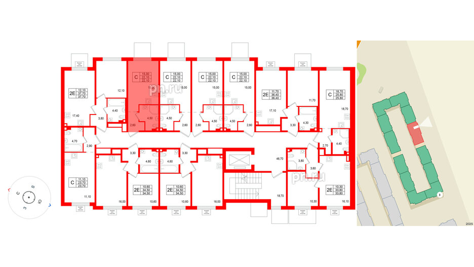 Квартира в ЖК «Пулково Лейк», студия, 22.1 м², 2 этаж