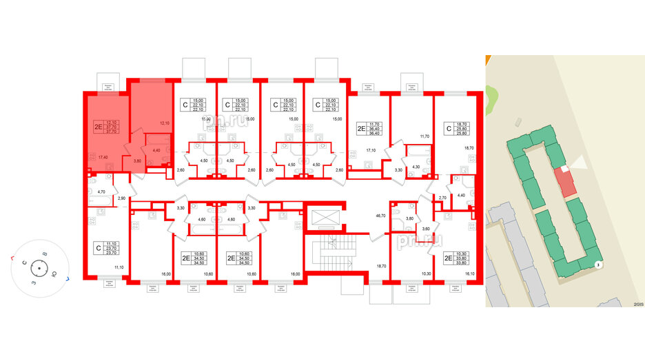 Квартира в ЖК «Пулково Лейк», 1 комнатная, 37.7 м², 2 этаж