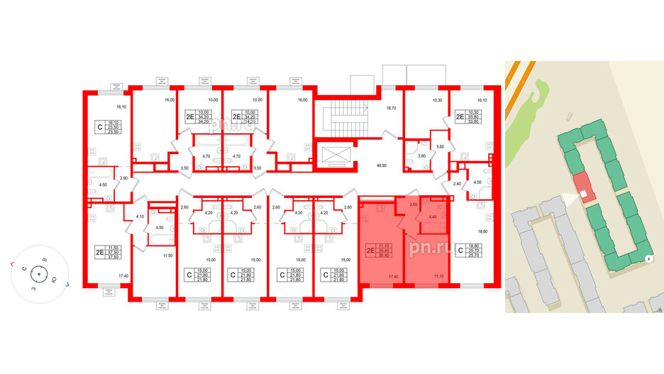 Квартира в ЖК «Пулково Лейк», 1 комнатная, 36.4 м², 2 этаж